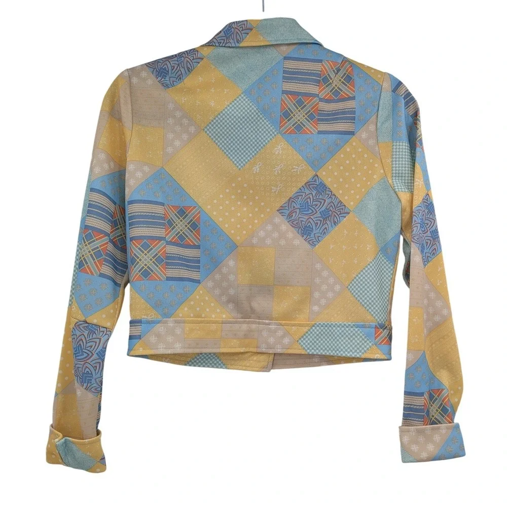 Tradwife 1970s Mod Blue Yellow Patchwork Vintage Retro 12 Dress & Jacket Set